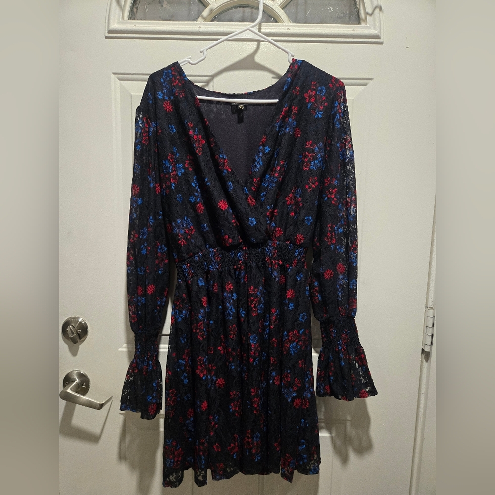 Disney Long Sleeve Princesd Whimsical Floral Dress - Red and Blue on Black